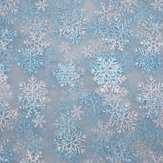 White Mesh with Blue Snowflakes Polyester Fabric